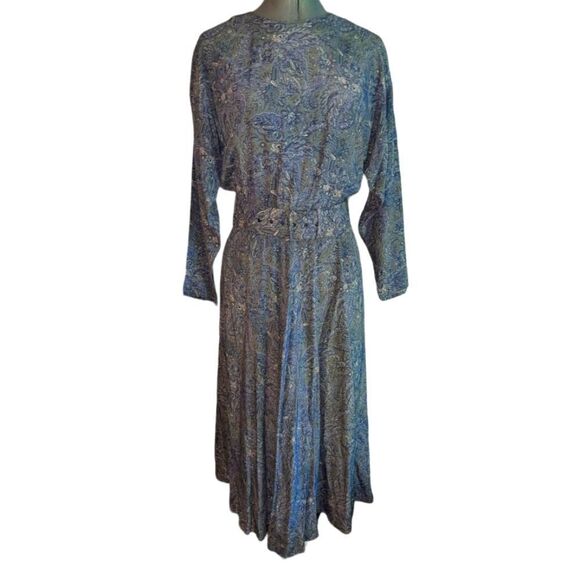 Vintage E.D.‎ Michaels blue and gray paisley floral print dress - Picture 1 of 9